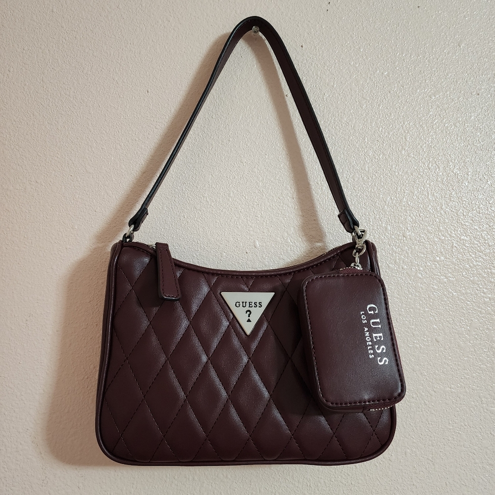 Guess Sylar Mini shoulder bag in Bordeaux wine red color quilt with coin purse